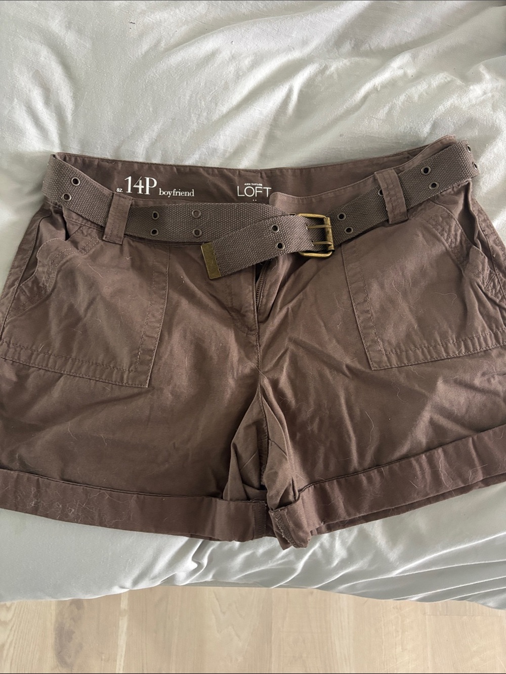 LOFT Brown Boyfriend-Style Cotton Bermuda Shorts with Belt